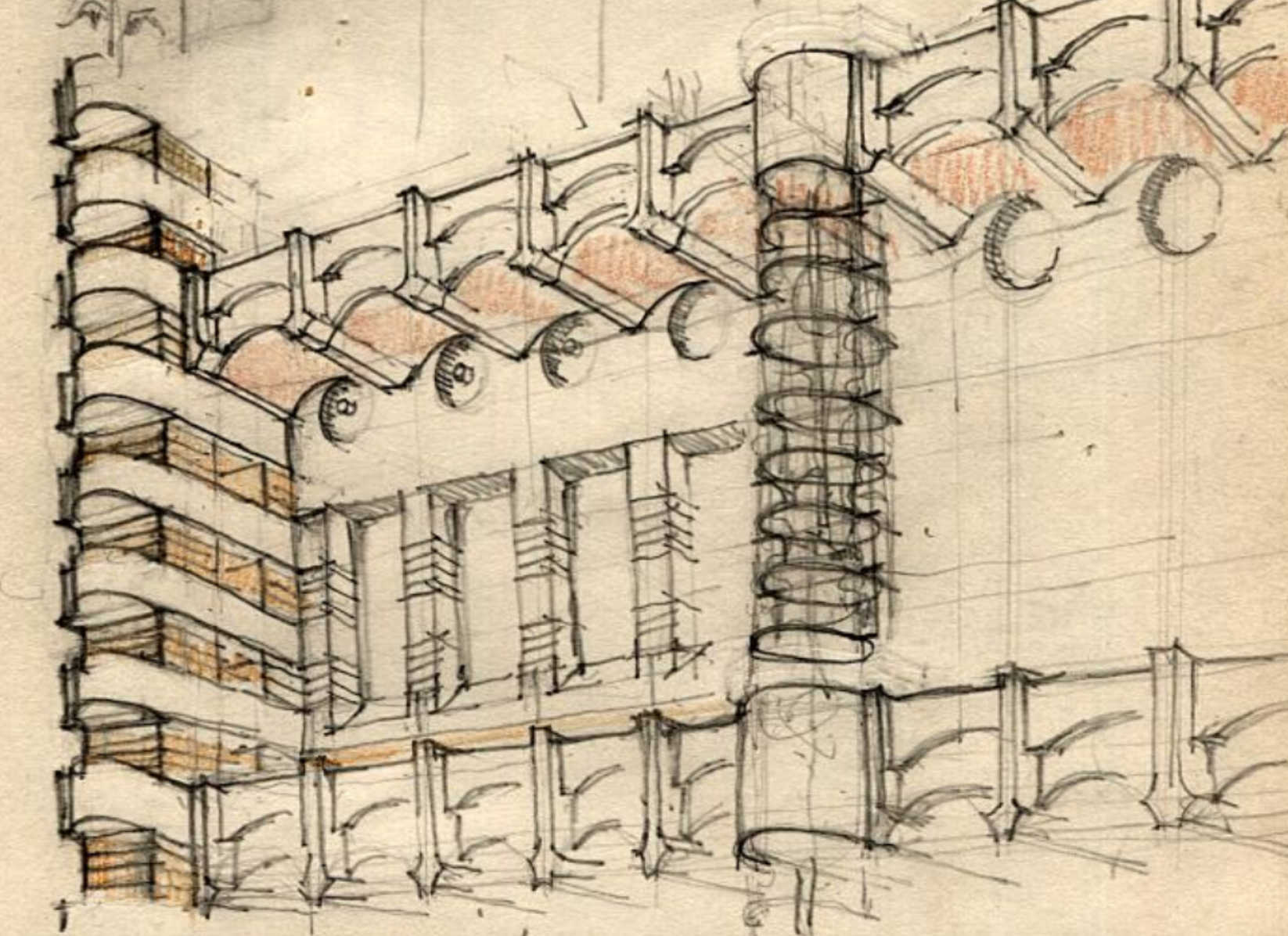 Hand-drawn section showing passive airflow through a building